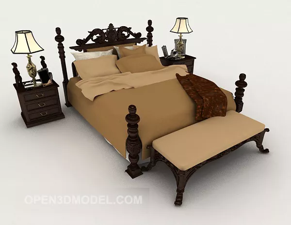 New Chinese Wood Brown Home Double Bed 3d model New Chinese Wood Brown Home Double Bed 3d model