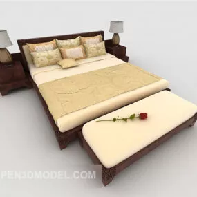 Chinese Wood Light Yellow Double Bed 3d model
