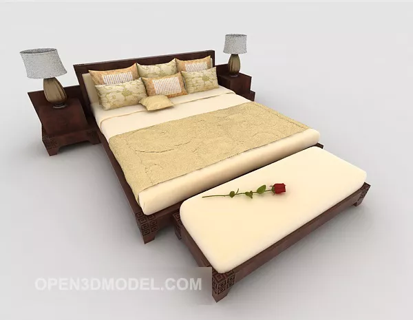Chinese Wood Light Yellow Double Bed 3d model Chinese Wood Light Yellow Double Bed 3d model
