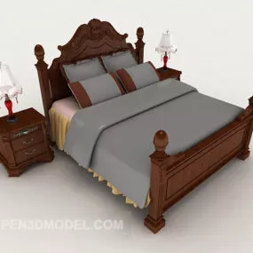New Chinese Wooden Grey Double Bed 3d model