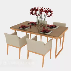 Simple Dining Table Chair With Flower Vase 3d model