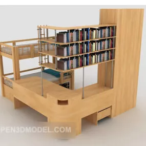 Solid Wood Bunk Bed With Bookcase 3d model