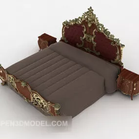Traditional European Solid Wood Double Bed 3d model