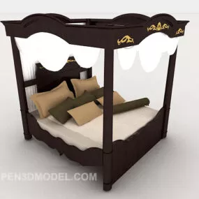 Vintage Wood Brown Double Bed 3d model