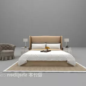 White Double Bed With Brown Carpet 3d model