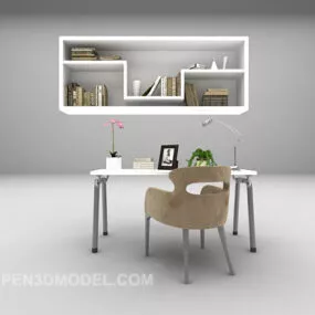 White Modern Desk Chair With Bookshelf 3d model