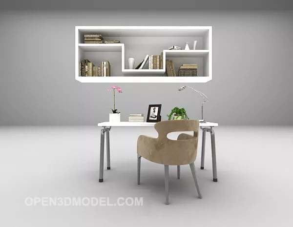 White Modern Desk Chair With Bookshelf 3d model White Modern Desk Chair With Bookshelf 3d model