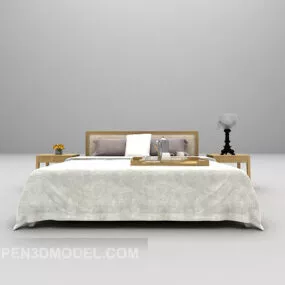 White Wood Double Bed 3d model
