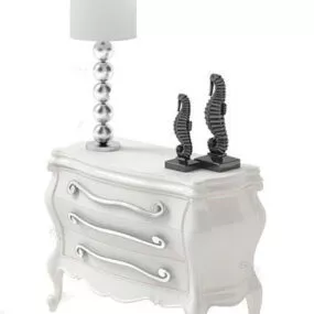 White Wooden Classic Side Cabinet With Lamp 3d model