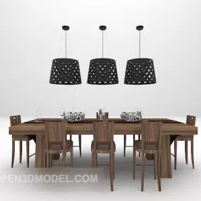 Modern Wood Dining Table With Lamp 3d model