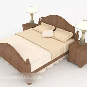 Wood Bed With Nightstand And Lamp 3d model