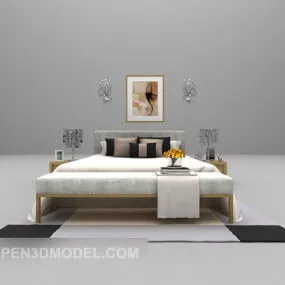 Wood Double Bed Large Full Sets 3d model