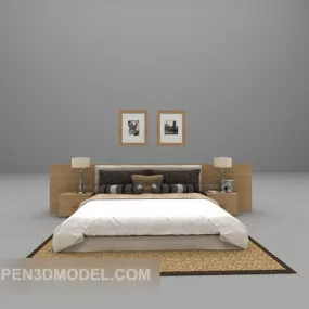 Wood Double Bed Wooden Back 3d model
