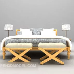 Wood Double Bed With Chair V1 3d model