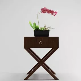 Wood Table With Potted Flower 3d model