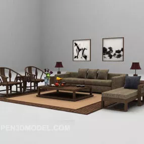 Wood Multiplayer Sofa With Carpet 3d model