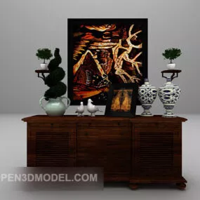 Retro Set Of Wood Cabinet With Vase Painting 3d model