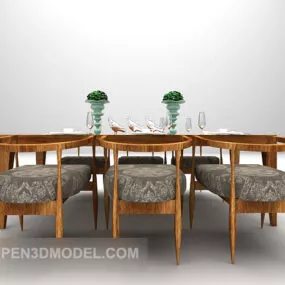 Wood Table And Chairs Large Set 3d model