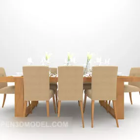 Wood Table And Chairs Brown Color 3d model