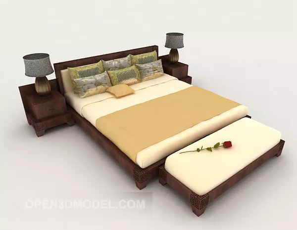 Wood Warm Yellow Simple Double Bed 3d model Wood Warm Yellow Simple Double Bed 3d model