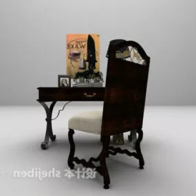 Classic Table And Chair Dark Wood 3d model
