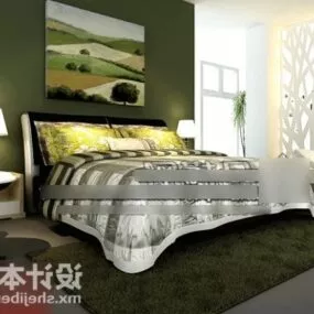 Green Wall Bedroom With Bed 3d model
