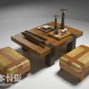 Wooden Table And Stool 3d model
