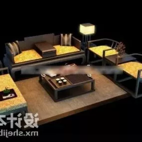 Black Wood Sofa Furniture Set 3d model