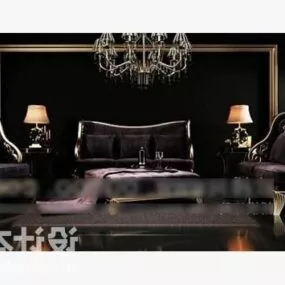 Dark Velvet Sofa With Lamp And Chandelier 3d model