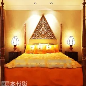 Double Bed With Table Lamp Hotel Furniture 3d model