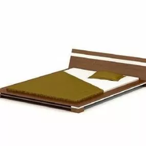 Low Double Bed Wooden Frame 3d model