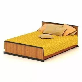 Wooden Double Bed Yellow Fabric Mattress 3d model