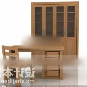 Wood Table And Chair With Cabinet Set 3d model