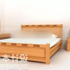 Double Bed Wooden With Nightstand 3d model