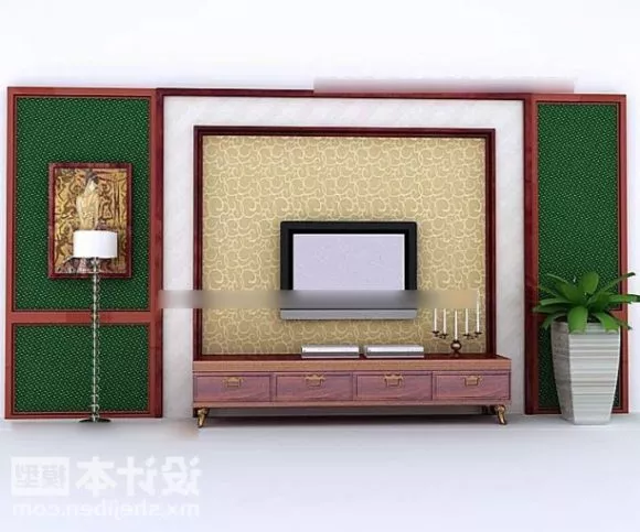 Tv Wall Green Painted With Floor Lamp 3d model Tv Wall Green Painted With Floor Lamp 3d model