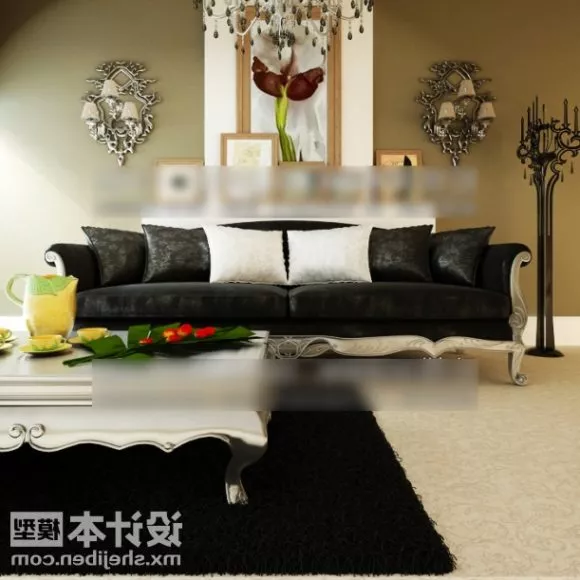Black Leather Sofa With Table 3d model Black Leather Sofa With Table 3d model