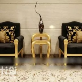 Golden Frame Armchair With Stool Table 3d model