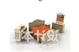 Classic Wood Double Bed Bedroom Furniture 3d model