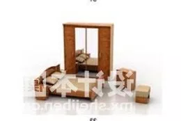 Double Bed Red Wood Furniture 3d model