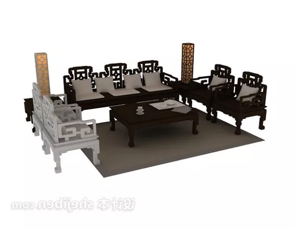 Chinese Sofa Carved Style With Rug 3d model Chinese Sofa Carved Style With Rug 3d model