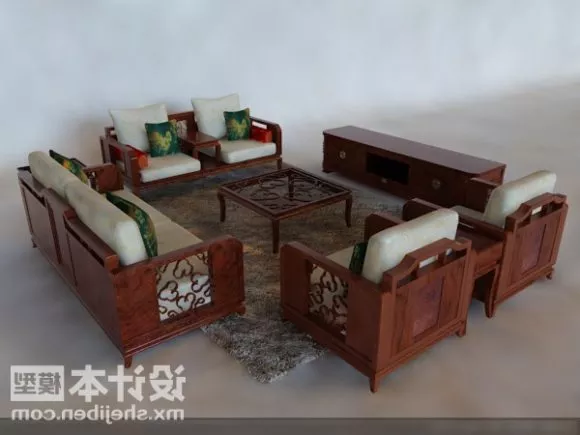 Tableware On Dining Table With 8 Chairs 3d model