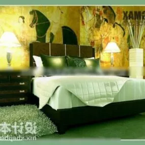 Chinese Double Bed Upholstery Style 3d model