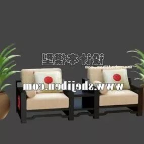 Tea Table Chair Chinese Style With Plant Pot 3d model