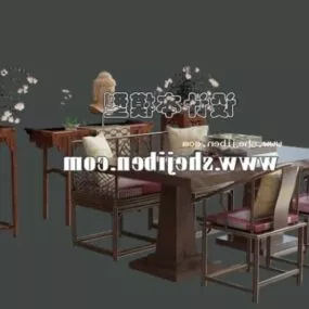 Asian Wood Coffee Table And Chair 3d model