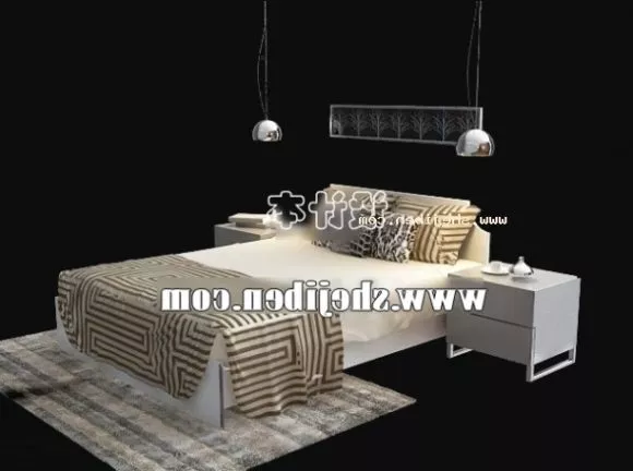 Double Bed With Panel Top And Pillows 3d model