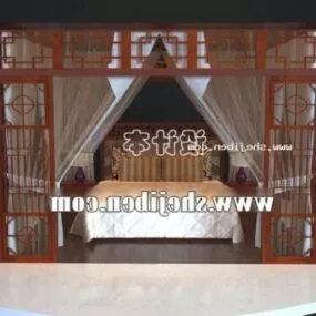 Chinese Wood Poster Bed With Curtain 3d model