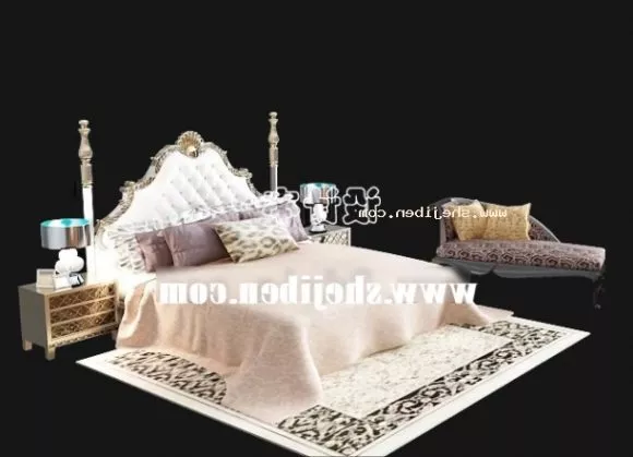 Antique Chinese Bed With Table Lamp 3d model