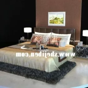 Bed With Table Lamp On Nightstand 3d model