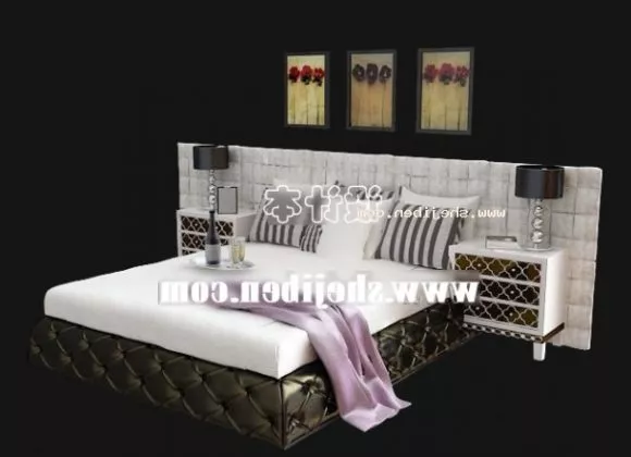 Beige Double Bed With Pillows 3d model