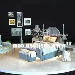 Full Set Bed With Photo Wall Decorative 3d model